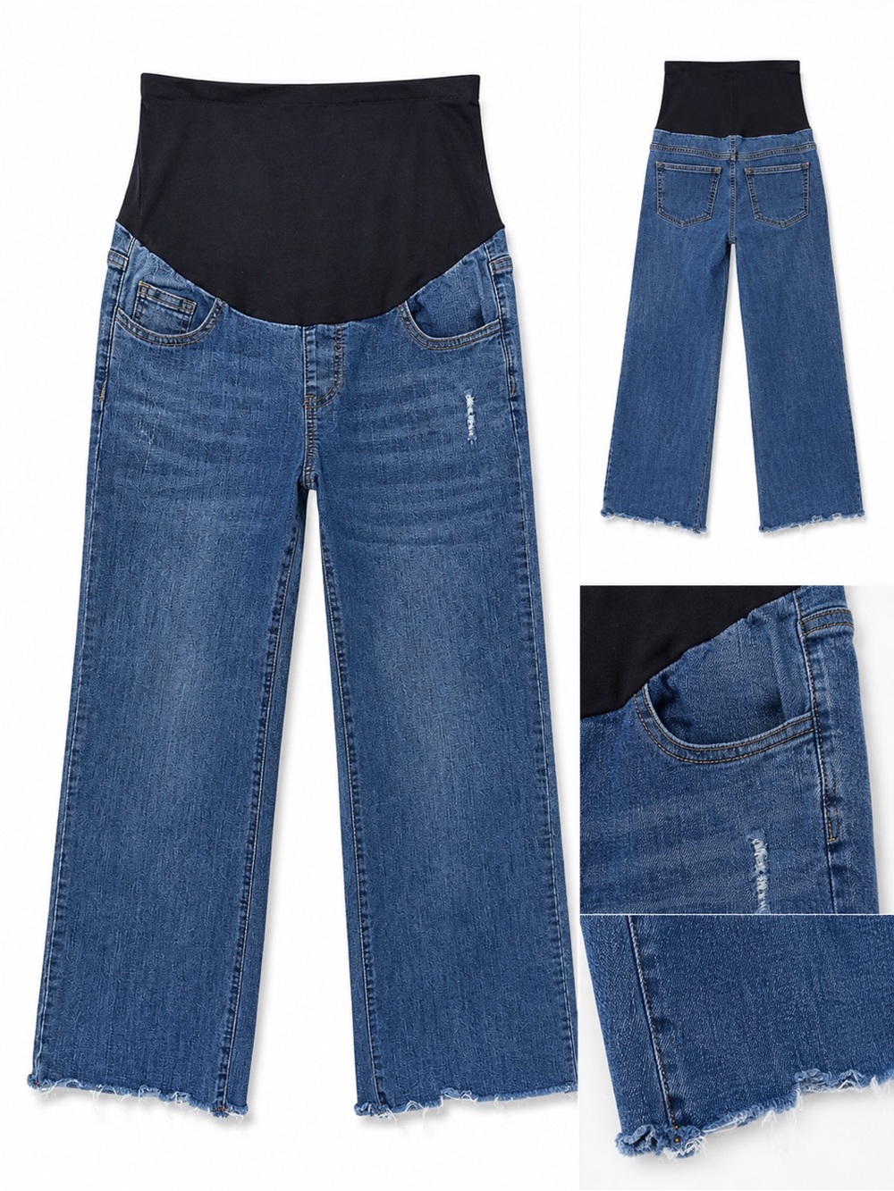 Maternity Wide-Leg Jeans with Black Elastic Over the Belly Waistband - Blue
